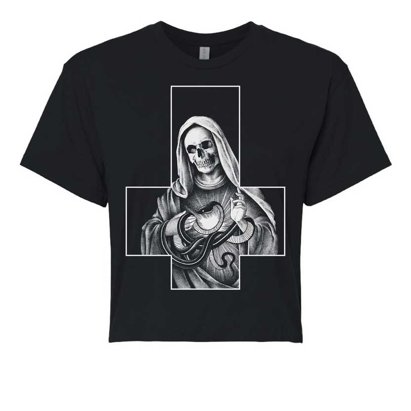 Black t-shirt with a graphic design of a skeleton in a hooded robe holding a snake on a white background