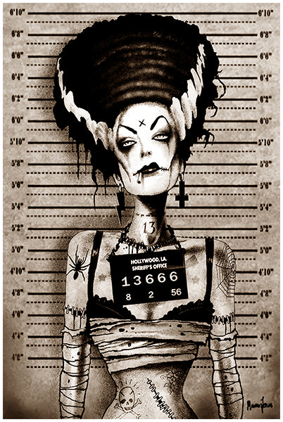 Lowbrow Art Bride Mugshot Frankenstein Black Tee