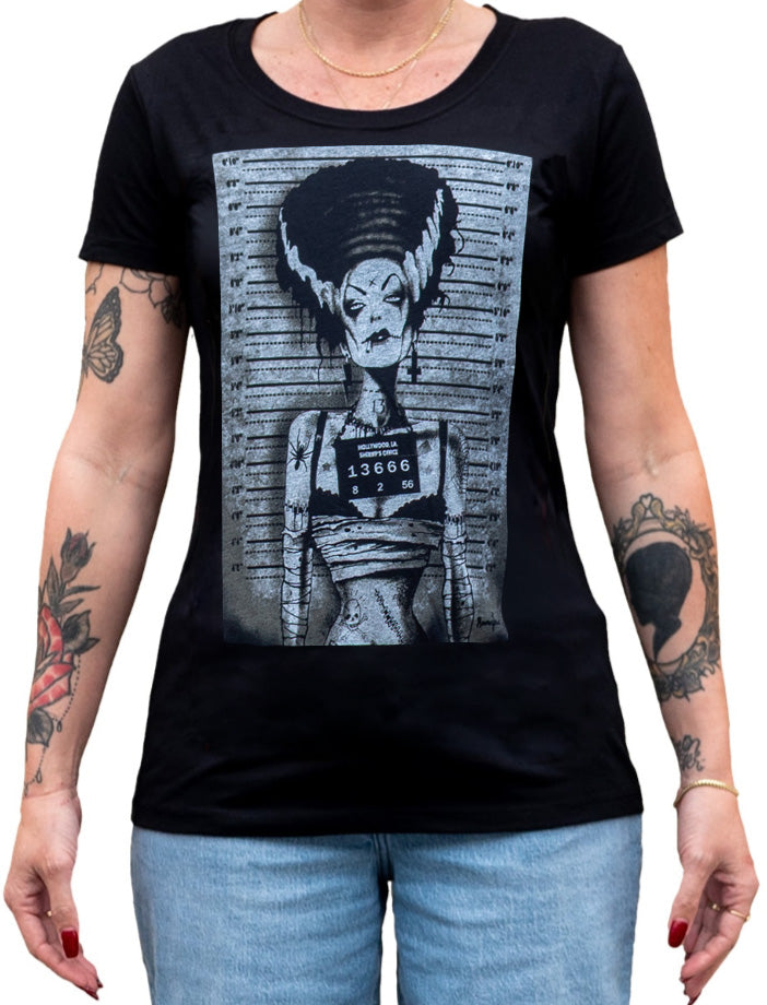 Lowbrow Art Bride Mugshot Frankenstein Black Tee
