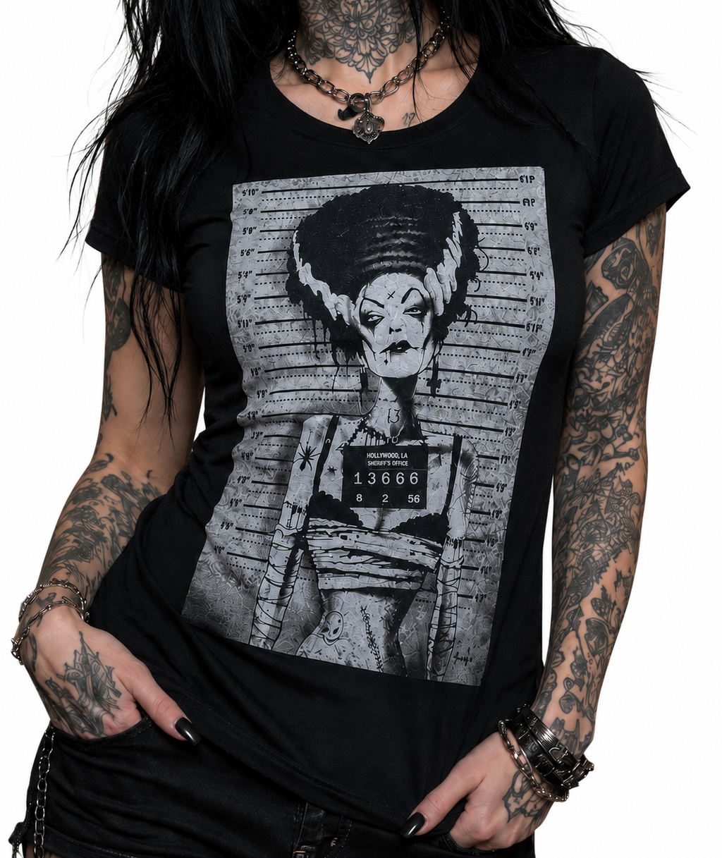 Lowbrow Art Bride Mugshot Frankenstein Black Tee