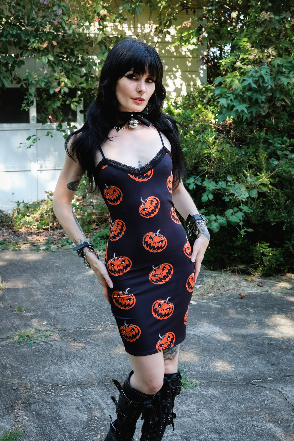 Vera's Eyecandy Halloween Pumpkins Print Lace Strap Dress