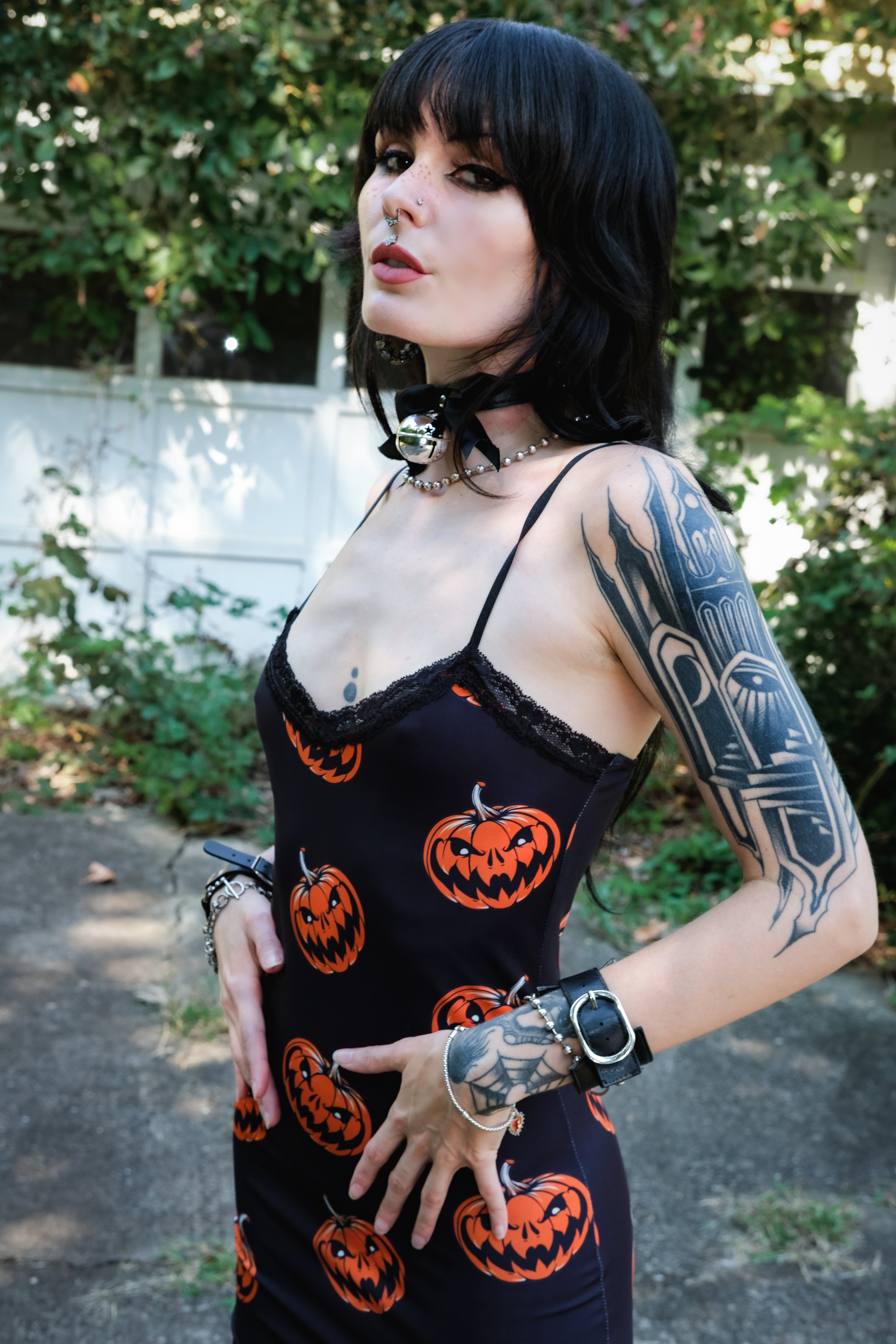 Vera's Eyecandy Halloween Pumpkins Print Lace Strap Dress