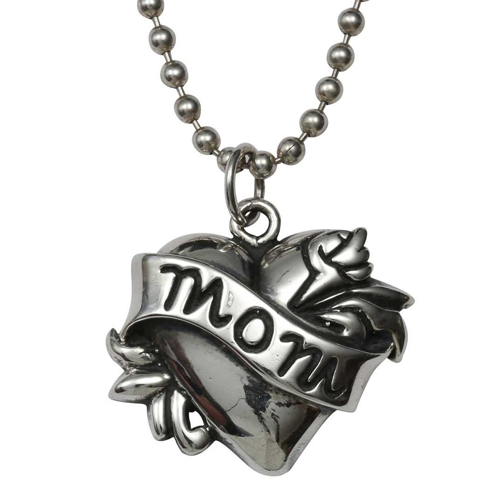 Silver necklace with a heart-shaped pendant inscribed with 'MOM' on a white background
