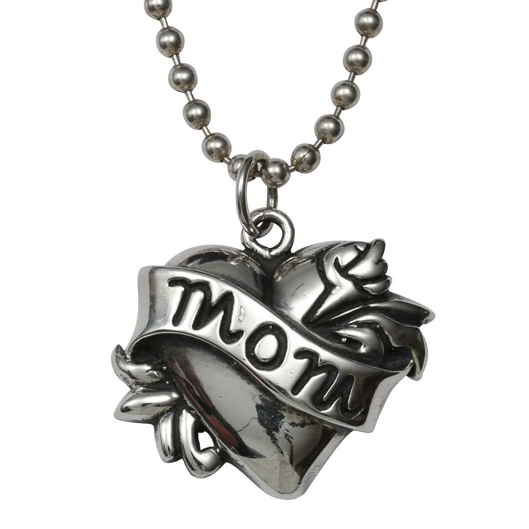 Silver necklace with a heart-shaped pendant inscribed with 'MOM' on a white background