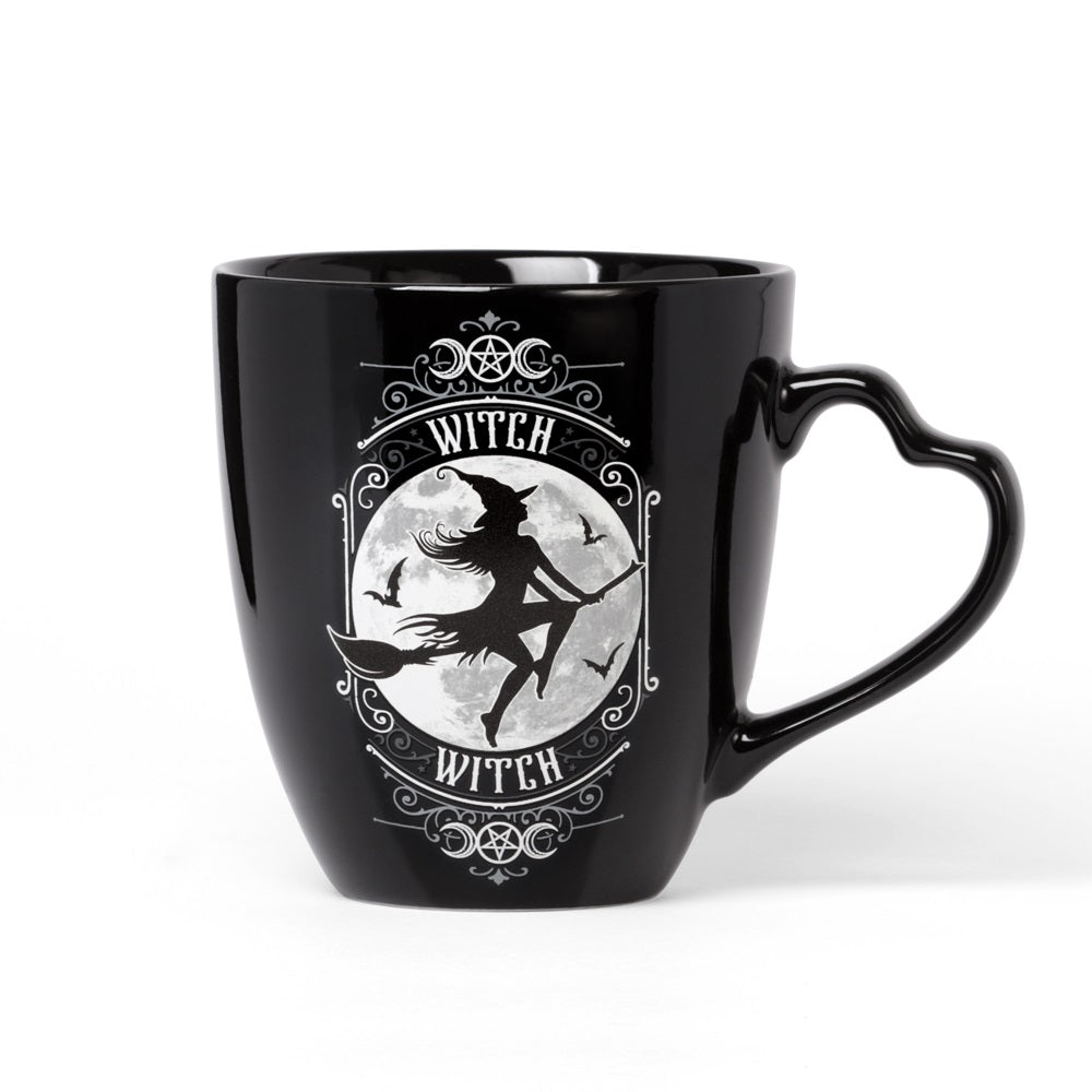 Black mug with a witch design and 'Witch' text on a white background