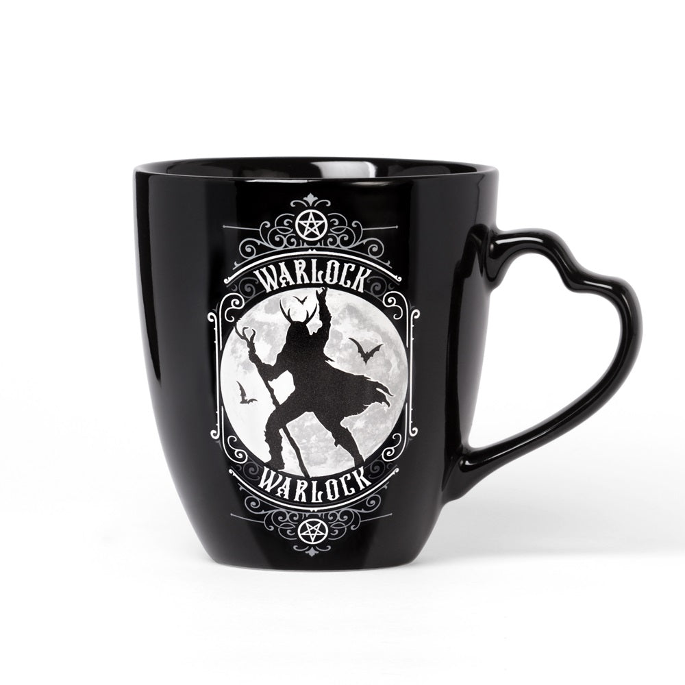 Black mug with 'Warlock' design featuring a silhouette of a person on a white background