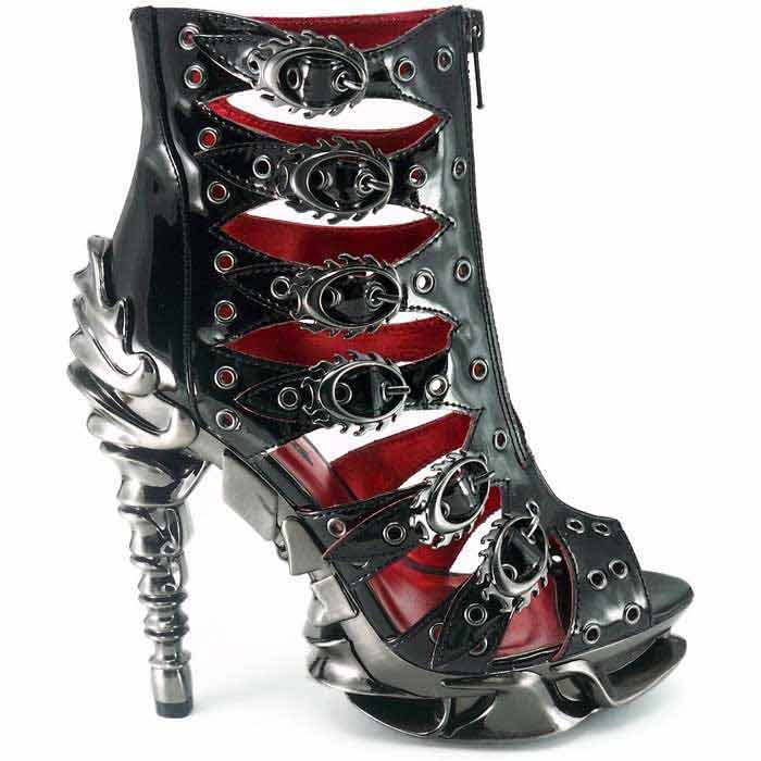 Hades CRIMSON Black Patent Ankle Boots Buckles 5" Spinal Heel 6-11