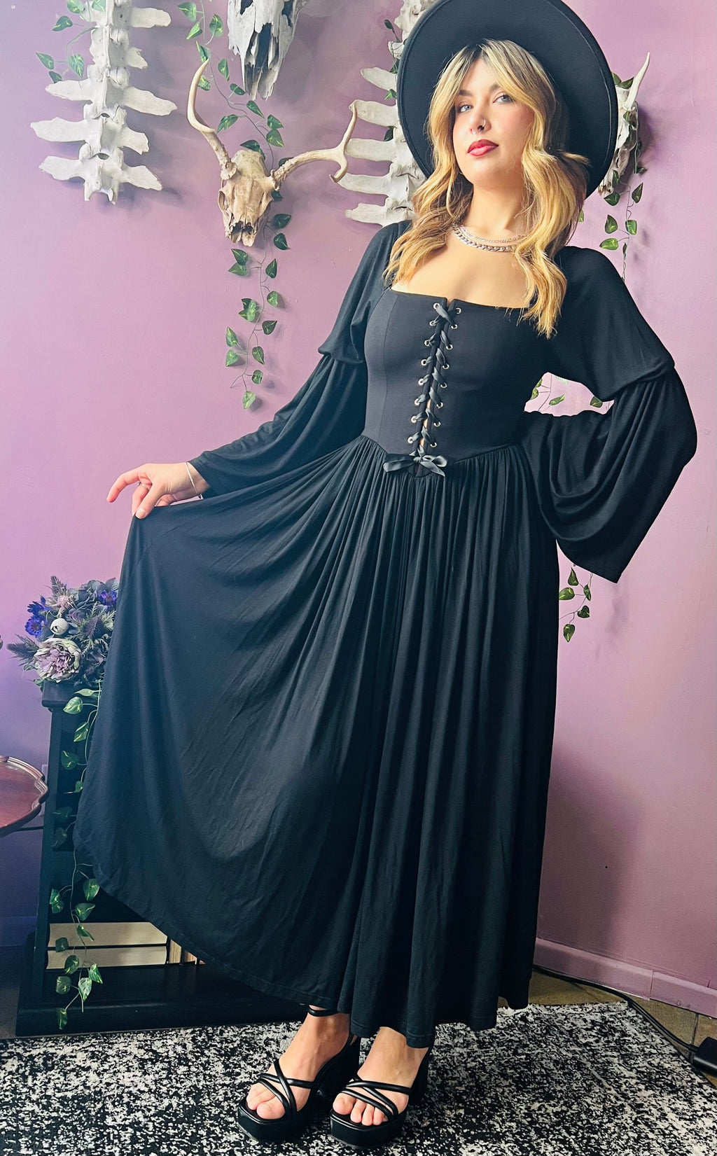 Witchwood Lilith Dark Cottage Goth Lace Up Jersey Dress