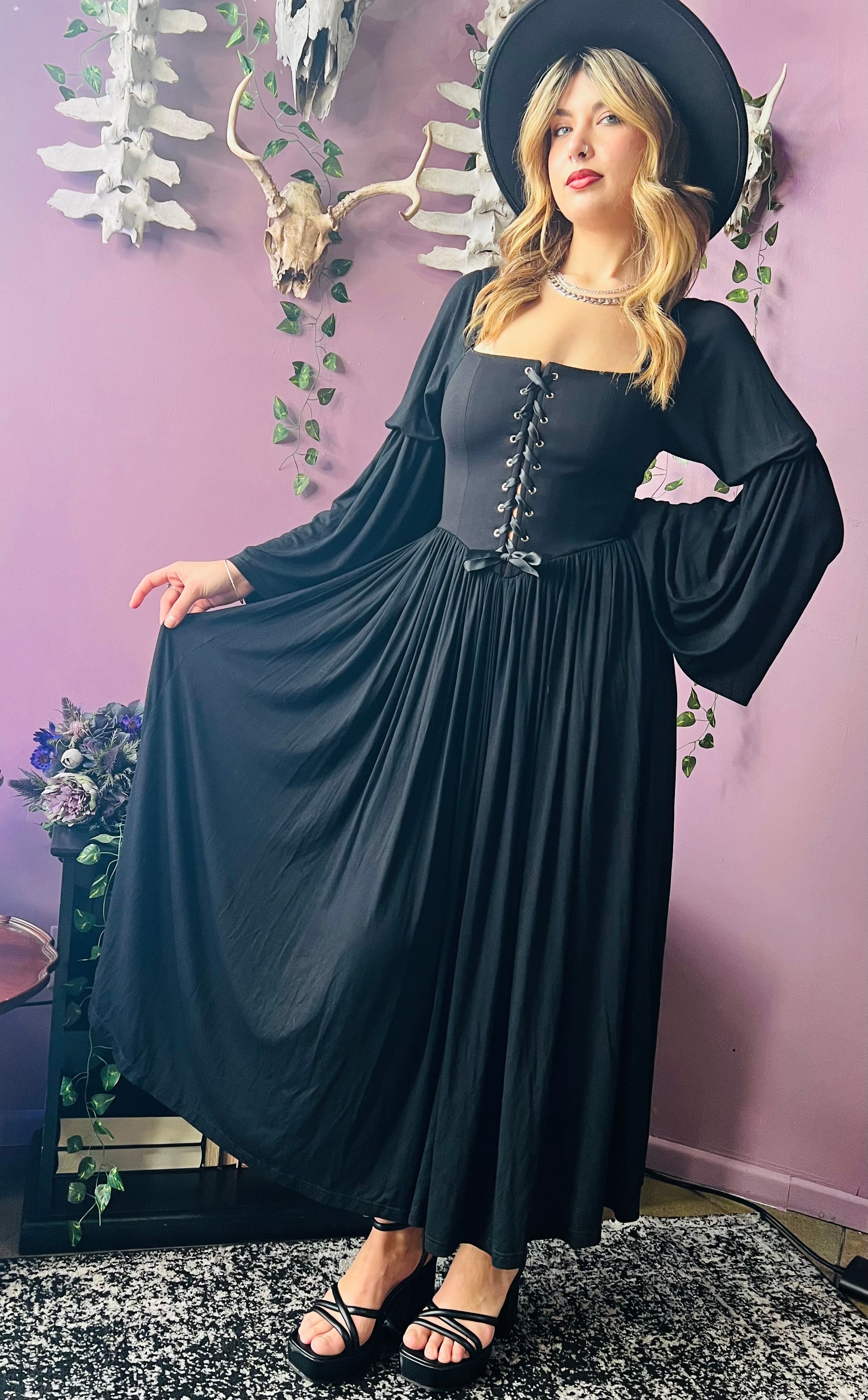 Witchwood Lilith Dark Cottage Goth Lace Up Jersey Dress