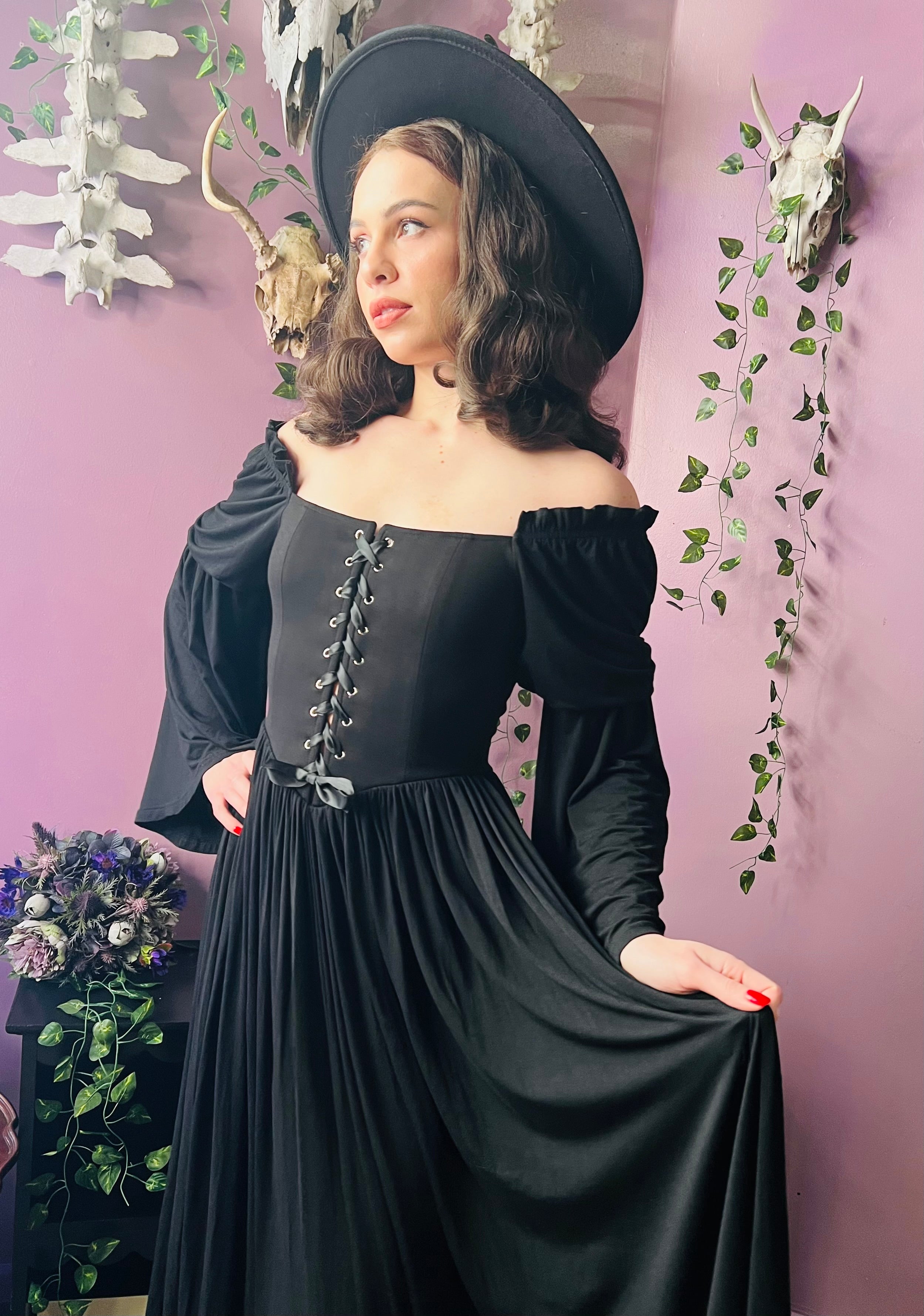 Witchwood Lilith Dark Cottage Goth Lace Up Jersey Dress