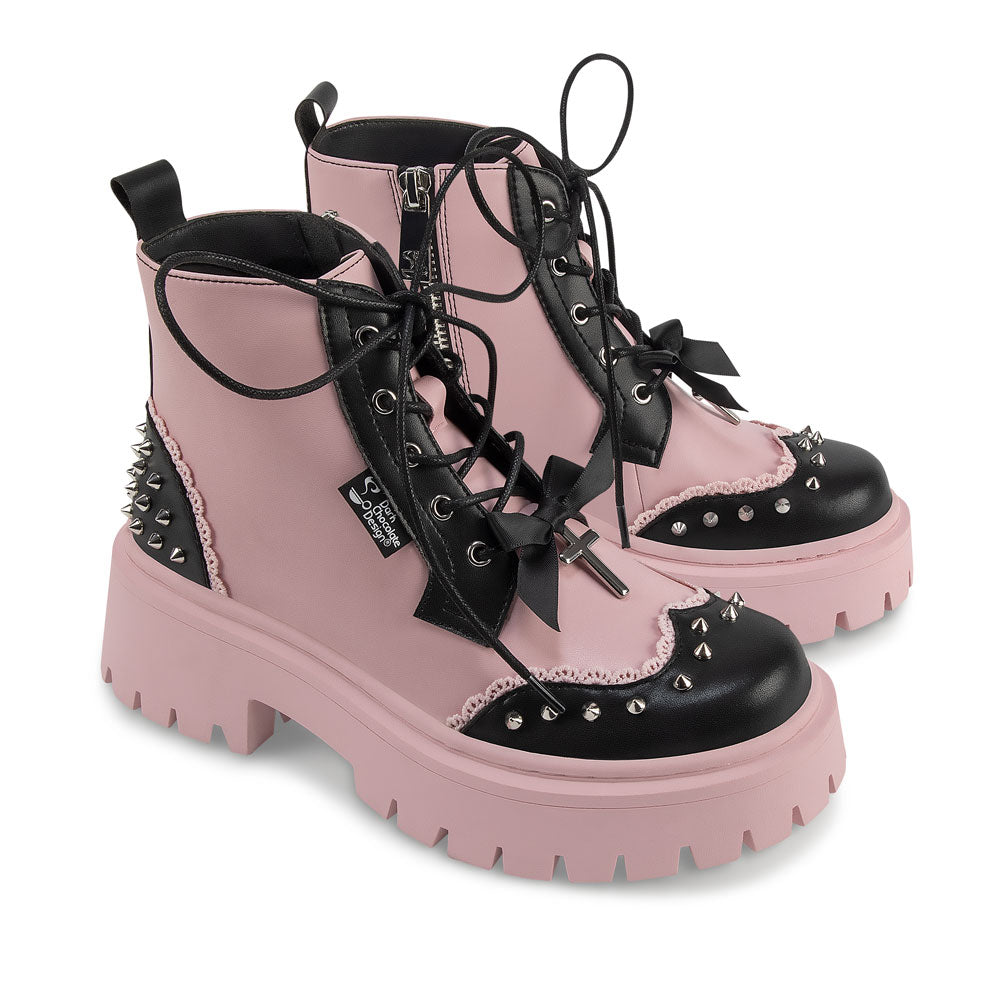 Dolly Revolt Pink Spiked Ankle Lace Up Boots