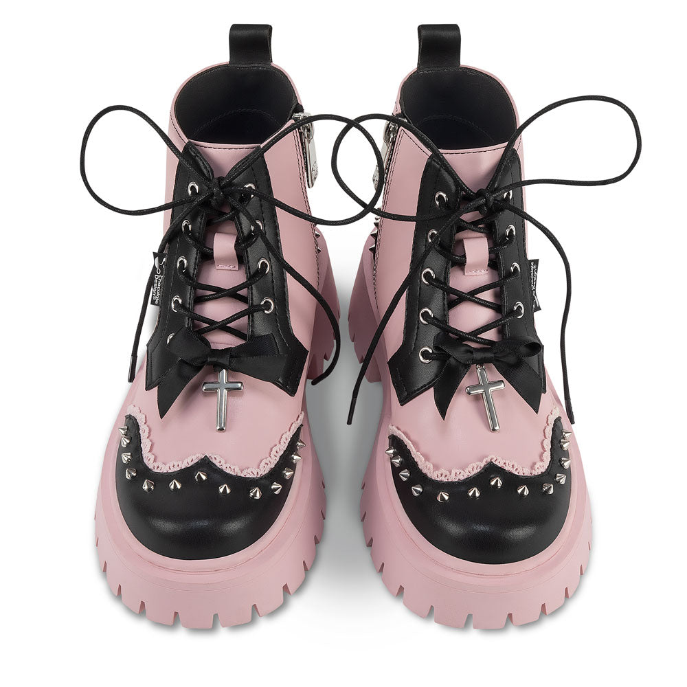 Dolly Revolt Pink Spiked Ankle Lace Up Boots