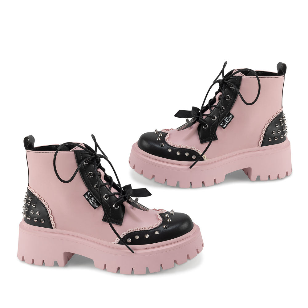 Dolly Revolt Pink Spiked Ankle Lace Up Boots