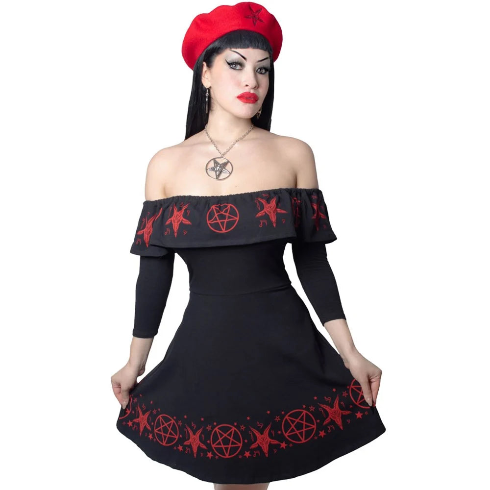 Kreepsville 666 Black Ruffle Dress Red Satanic Circle
