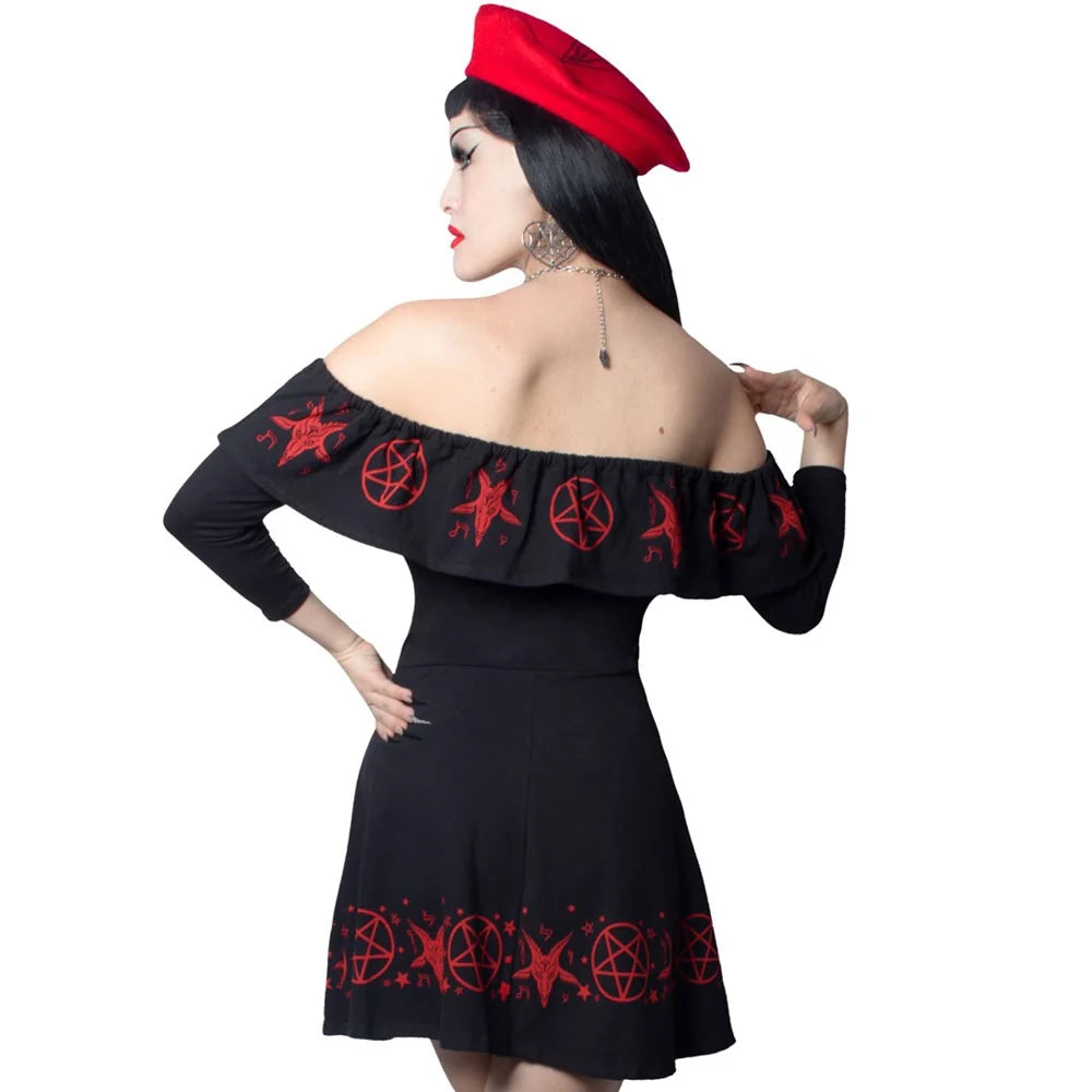 Kreepsville 666 Black Ruffle Dress Red Satanic Circle