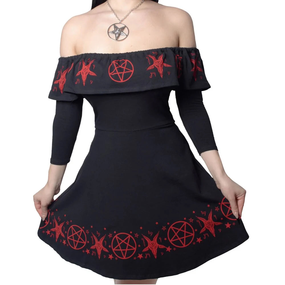 Kreepsville 666 Black Ruffle Dress Red Satanic Circle