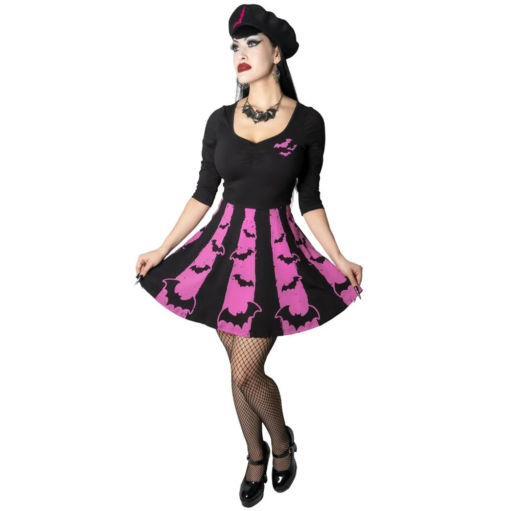 Kreepsville 666 Bat Stripe Pink Skater Dress