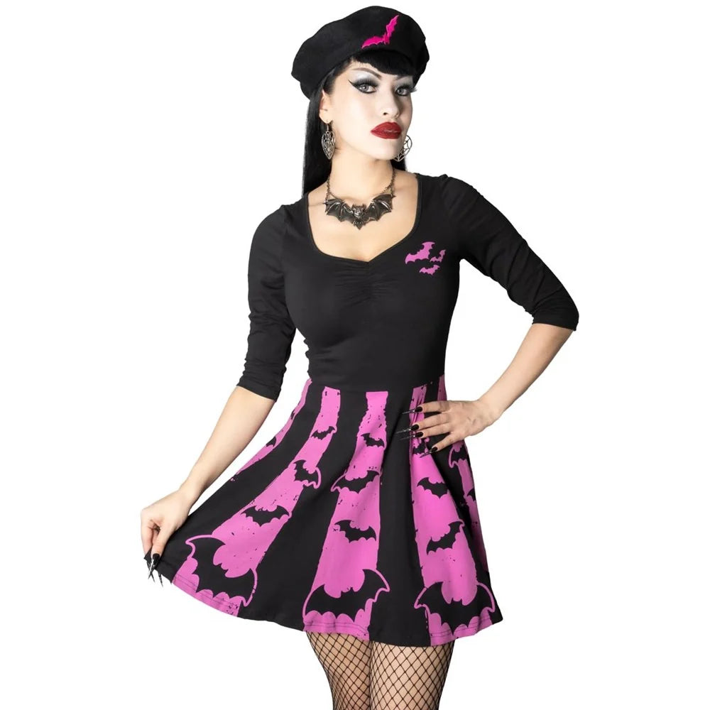 Kreepsville 666 Bat Stripe Pink Skater Dress