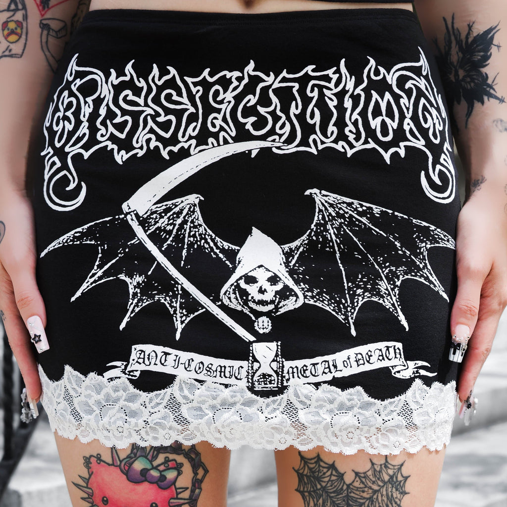 Black and white skirt with skull and bat wings