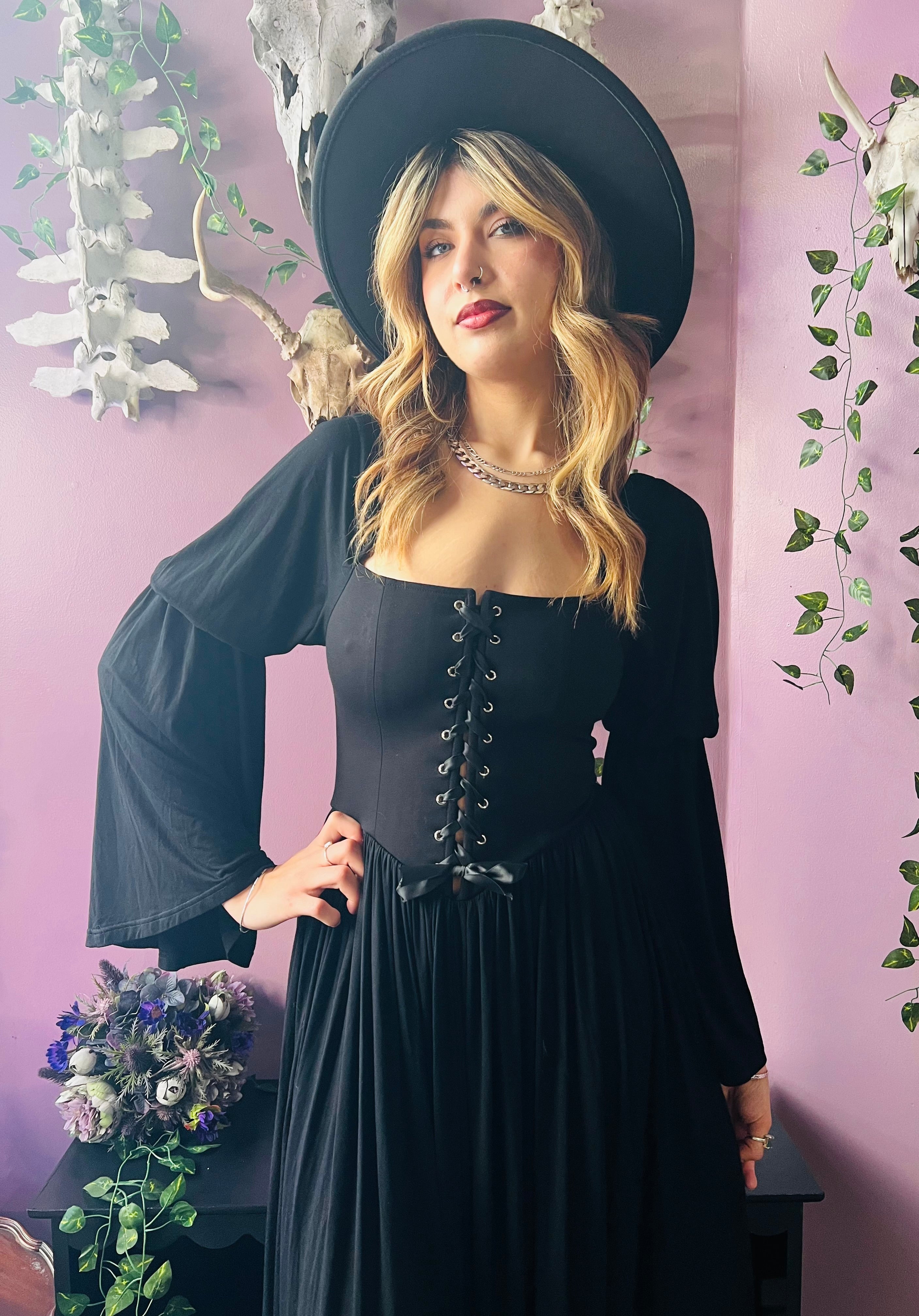 Witchwood Lilith Dark Cottage Goth Lace Up Jersey Dress