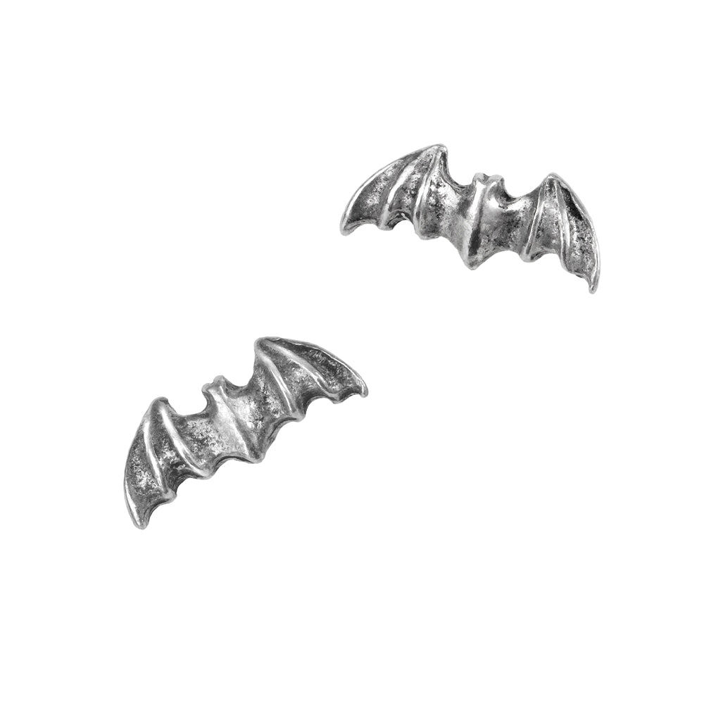 Pair of silver bat-shaped earrings on a white background