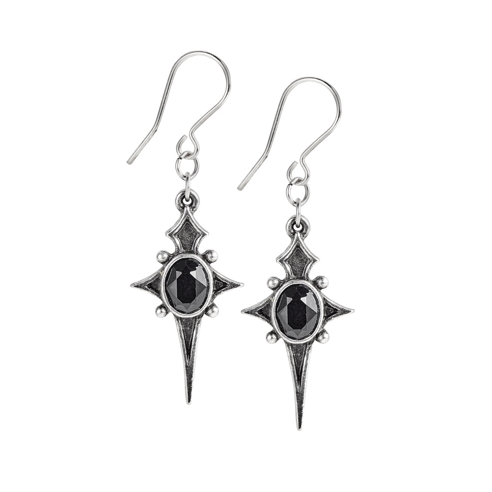Pair of silver earrings with black gemstones on a white background