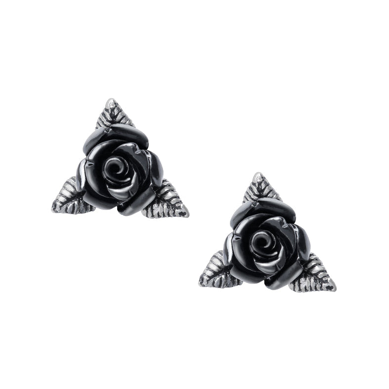 Pair of black rose-shaped earrings on a white background