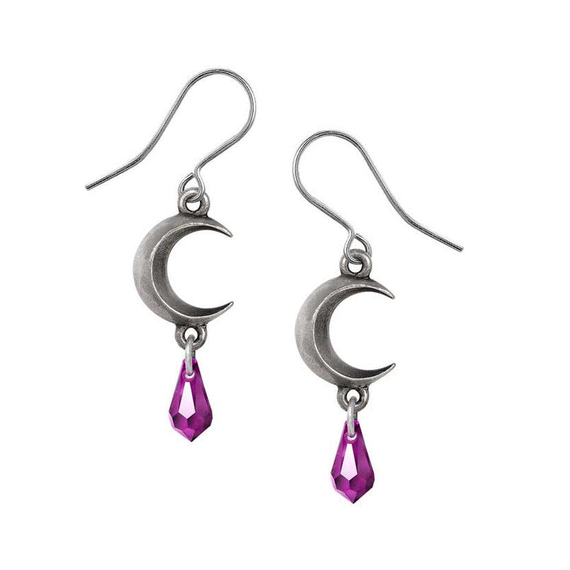 Silver moon-shaped earrings with pink teardrop charms on a white background