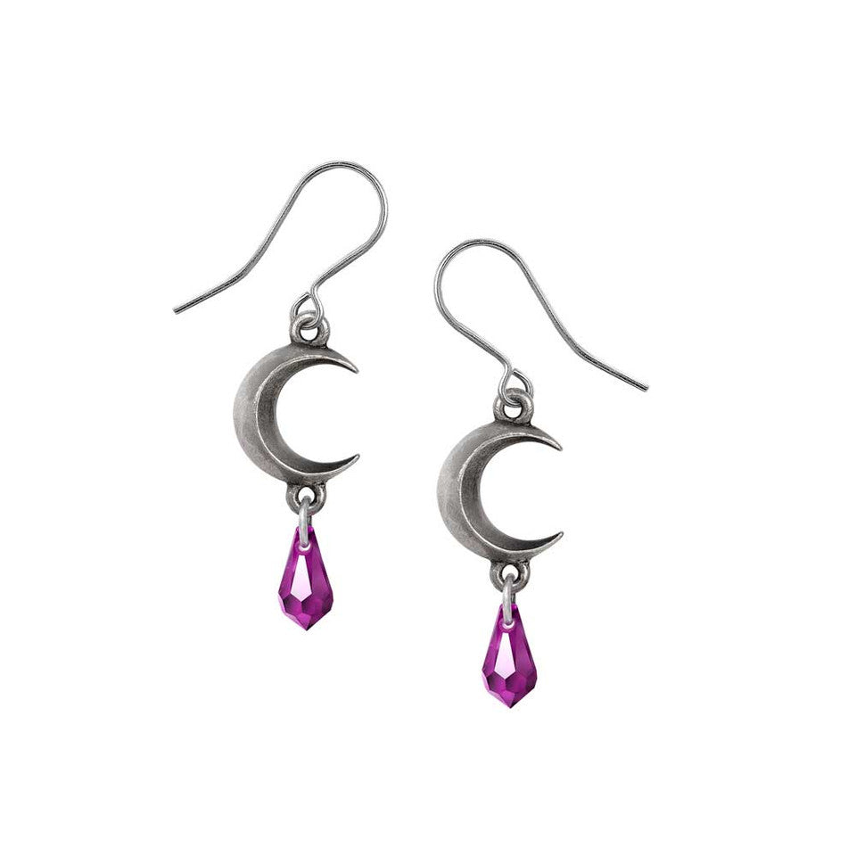 Silver moon-shaped earrings with pink teardrop charms on a white background