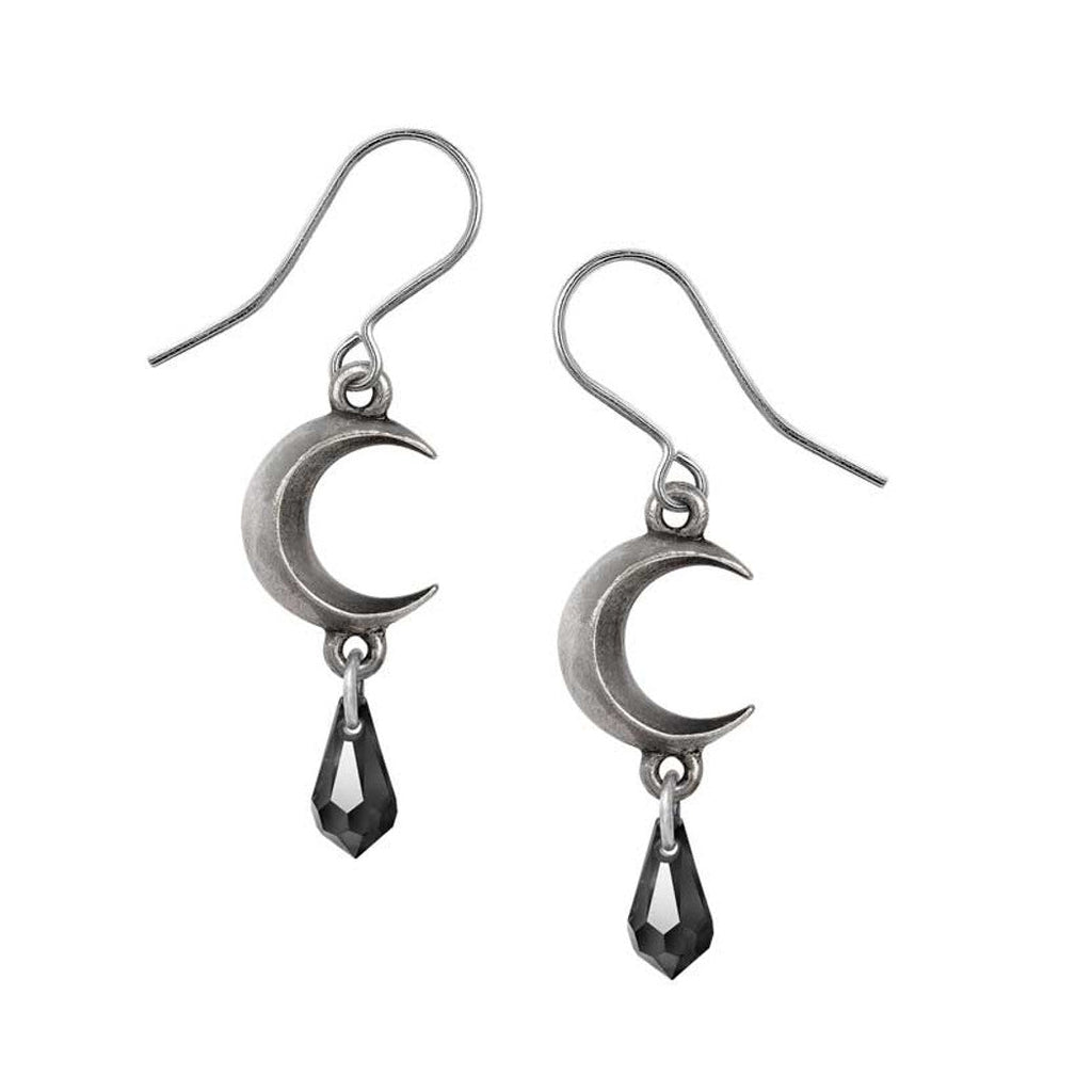 Silver moon-shaped earrings with black teardrop charms on a white background