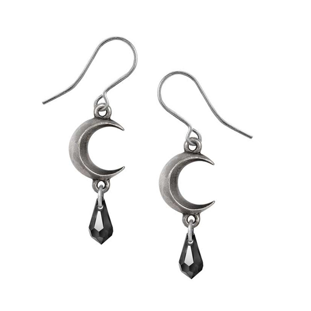 Silver moon-shaped earrings with black teardrop charms on a white background