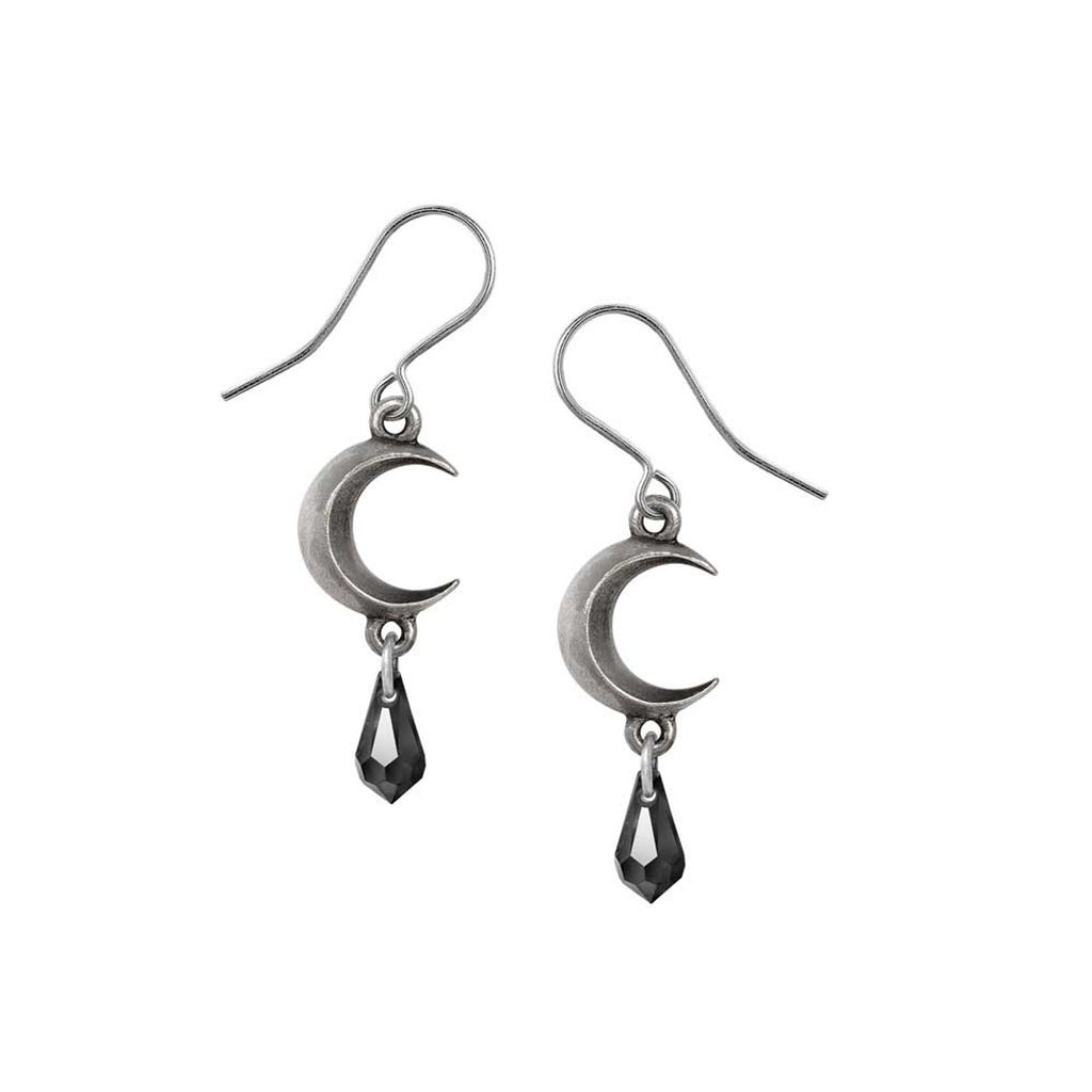Silver moon-shaped earrings with black teardrop charms on a white background