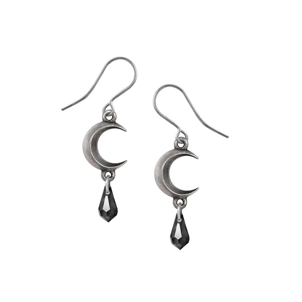 Silver moon-shaped earrings with black teardrop charms on a white background