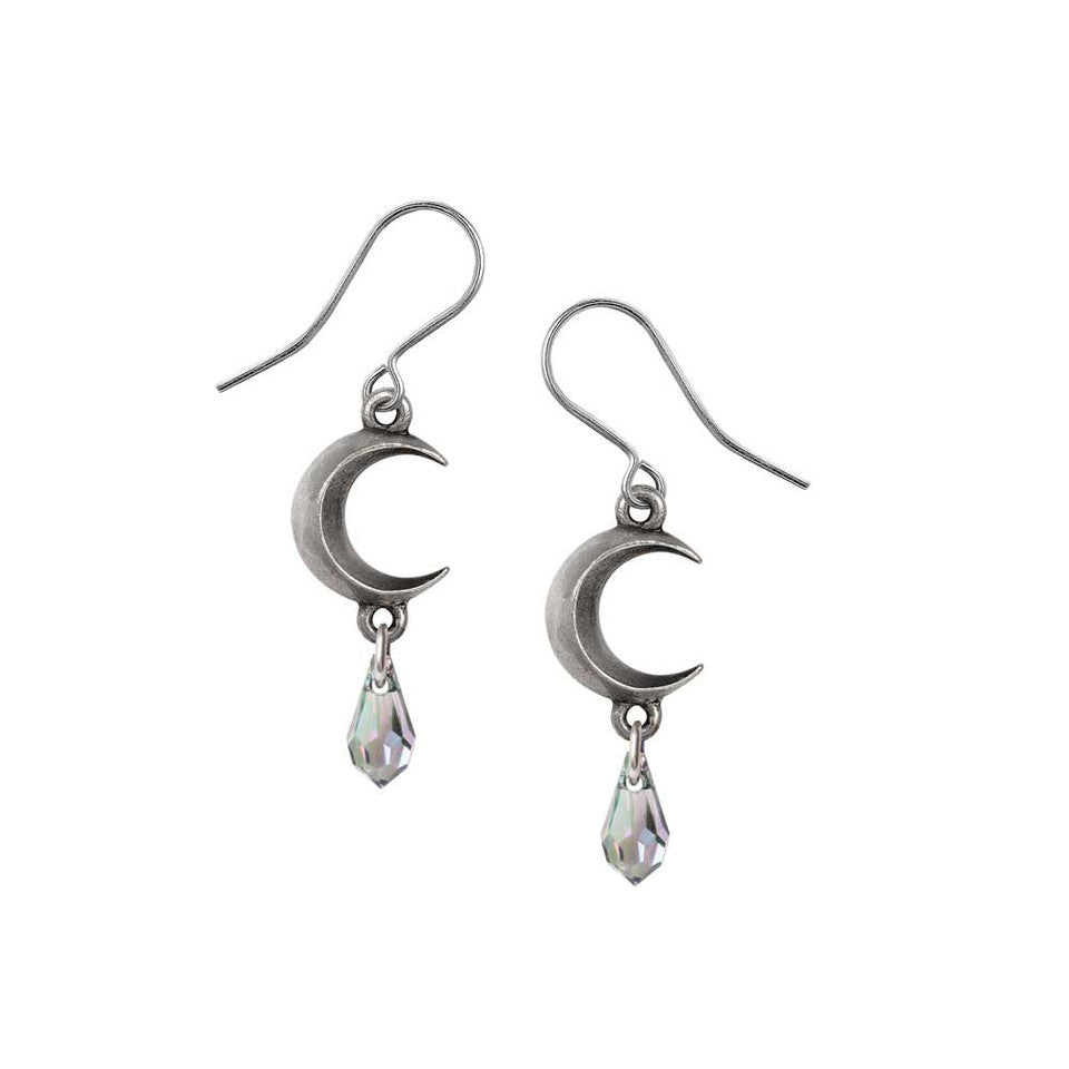 Silver moon-shaped earrings with teardrop charms on a white background