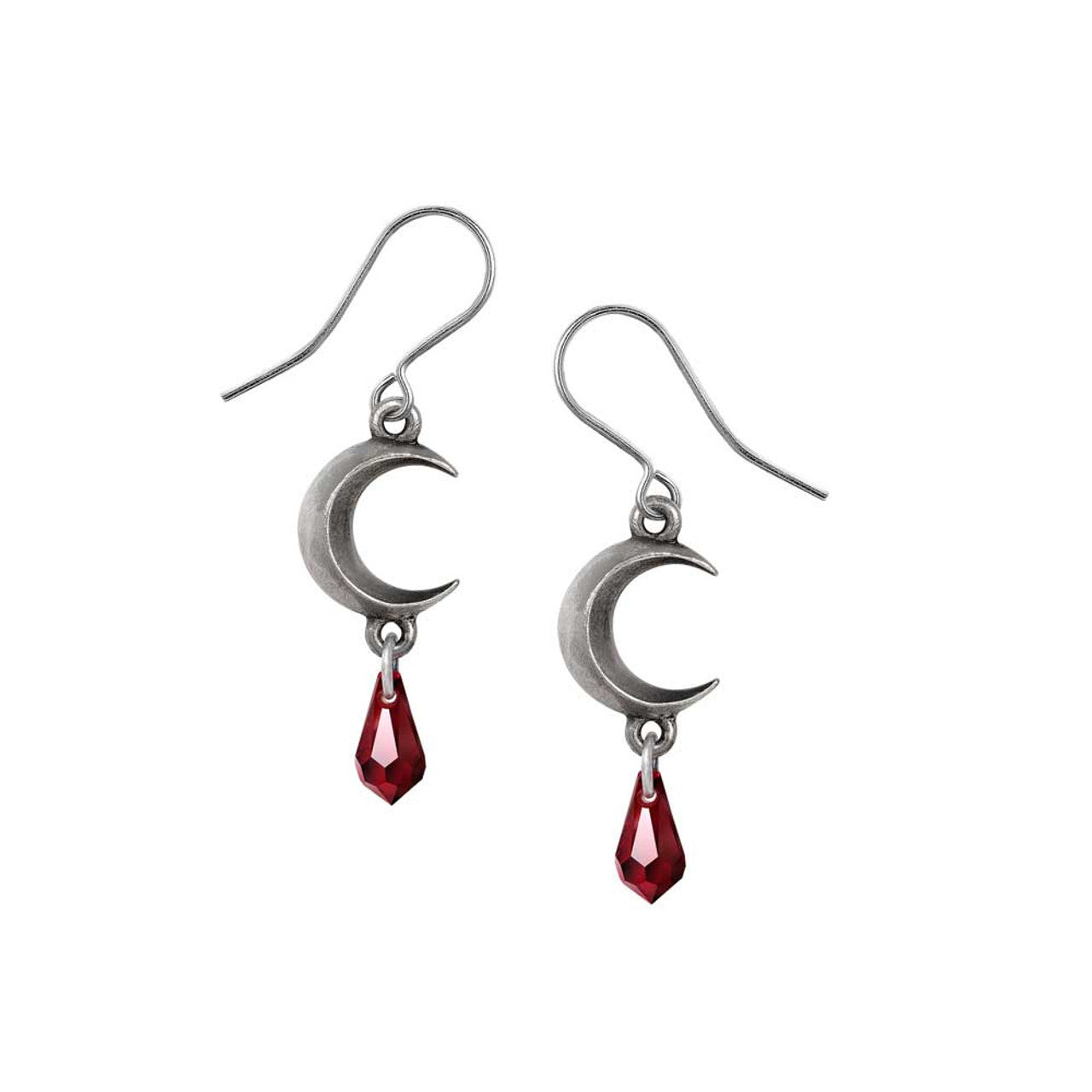 Silver moon-shaped earrings with red teardrop charms on a white background