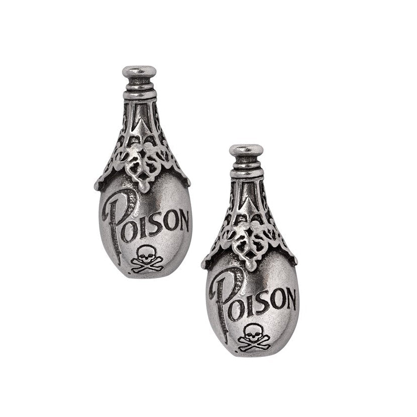 Two silver 'Poison' bottle charms on a white background