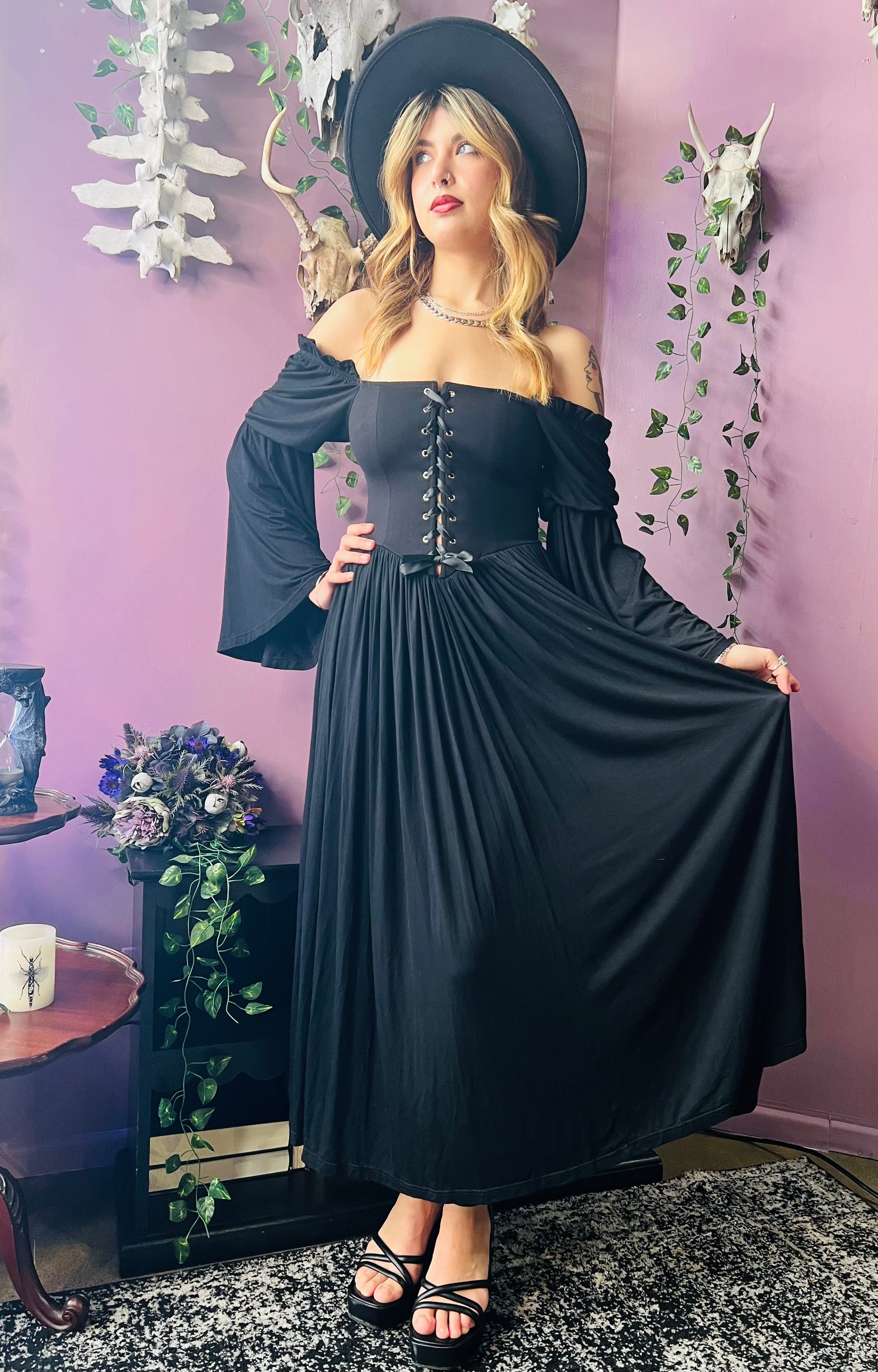 Witchwood Lilith Dark Cottage Goth Lace Up Jersey Dress