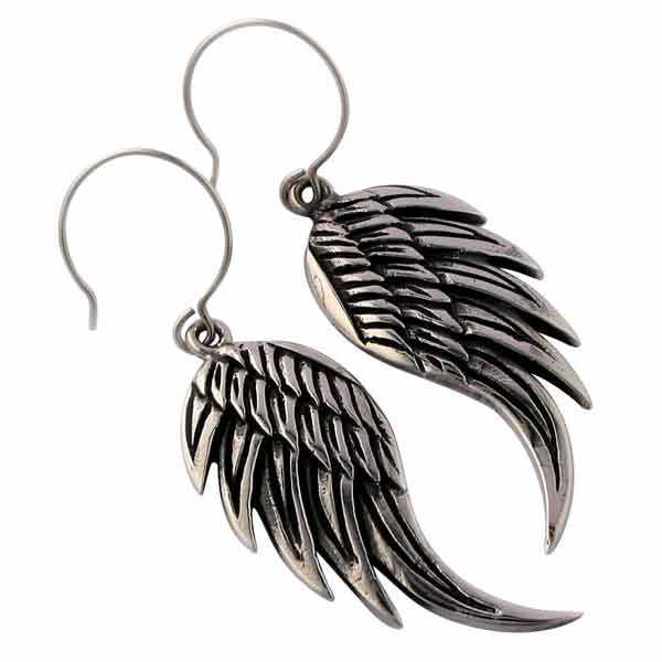 Silver angel wing earrings on a white background