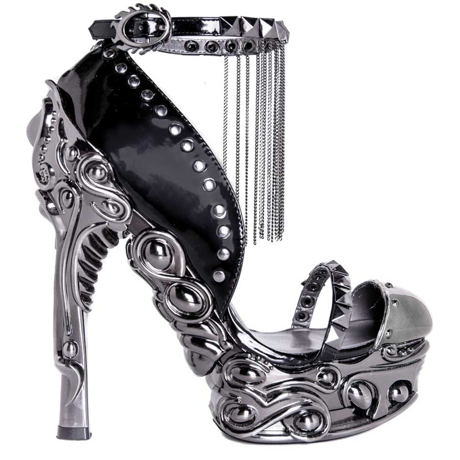 Hades EROS Black Studs Chains 6" High Ornate Chrome Heels Ankle Strap 6-11
