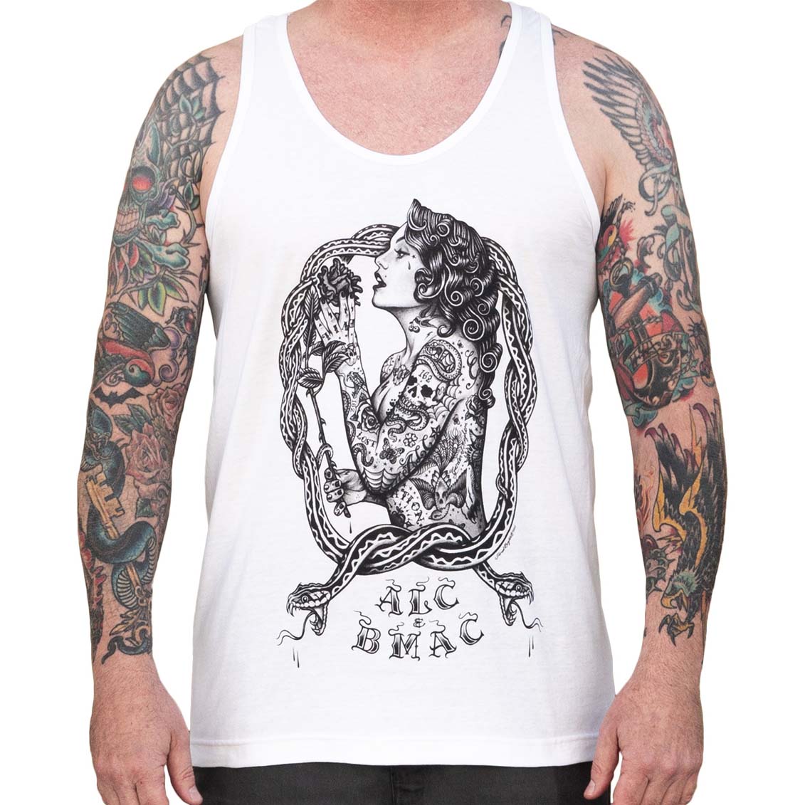 Person wearing a white tank top with a black graphic design on a white background