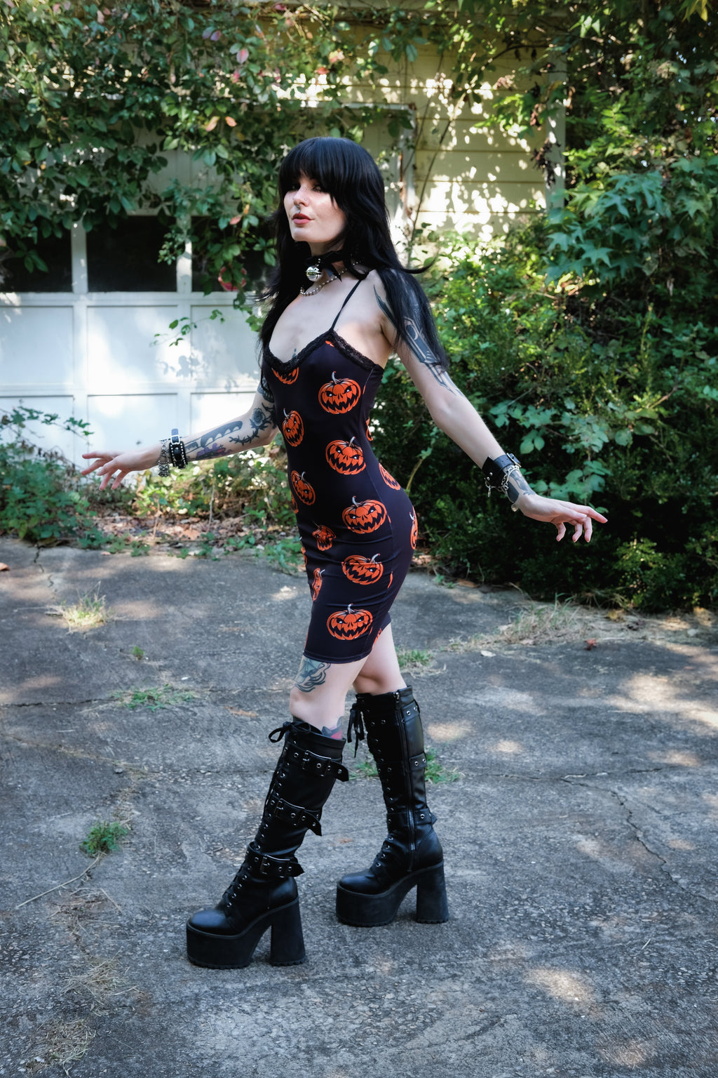 Vera's Eyecandy Halloween Pumpkins Print Lace Strap Dress