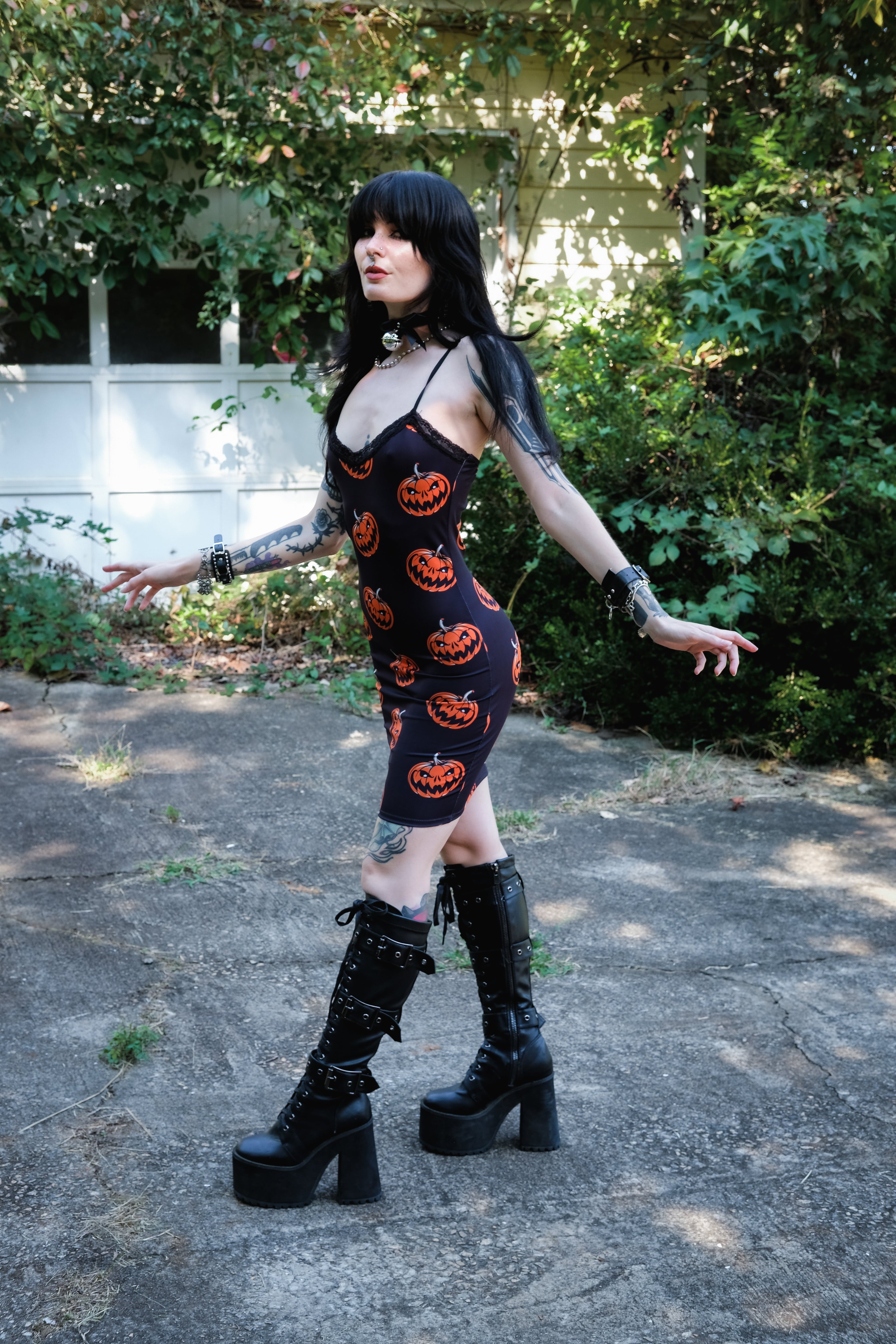 Vera's Eyecandy Halloween Pumpkins Print Lace Strap Dress