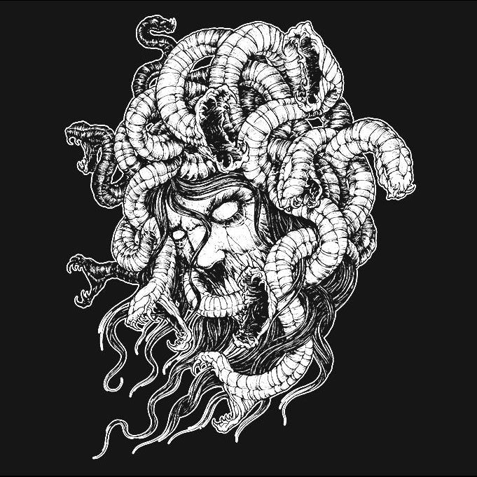 Black and white illustration of a creature with multiple serpents on a black background