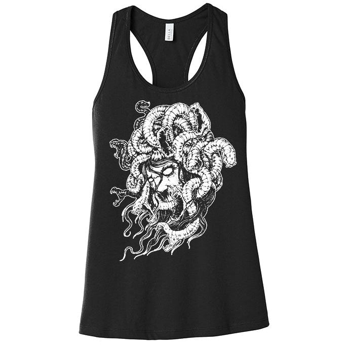 Black tank top with white Medusa design on a white background