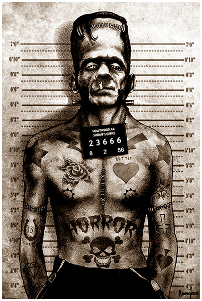 Lowbrow Art Franky Mugshot Frankenstein Black Tee