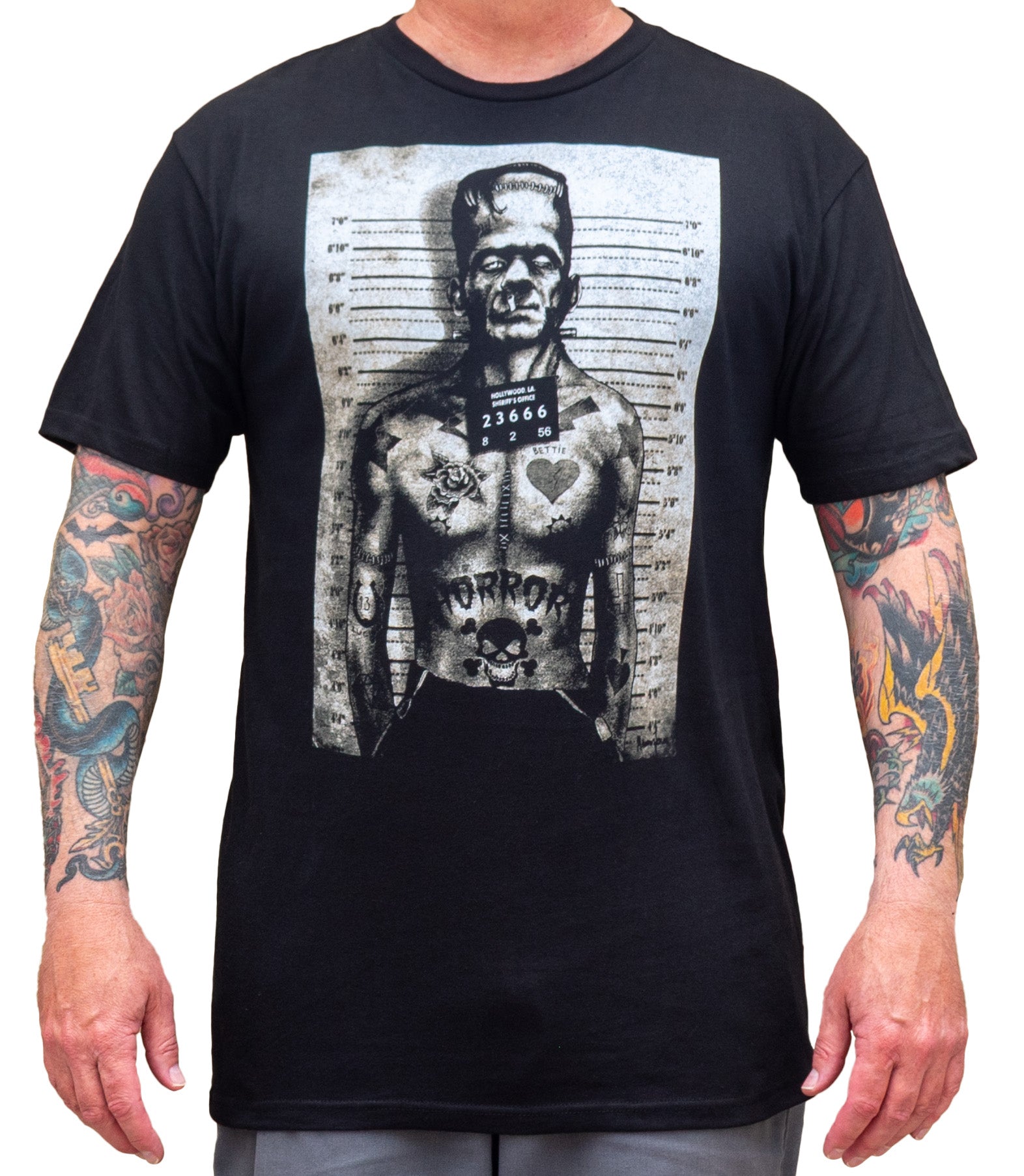 Lowbrow Art Franky Mugshot Frankenstein Black Tee