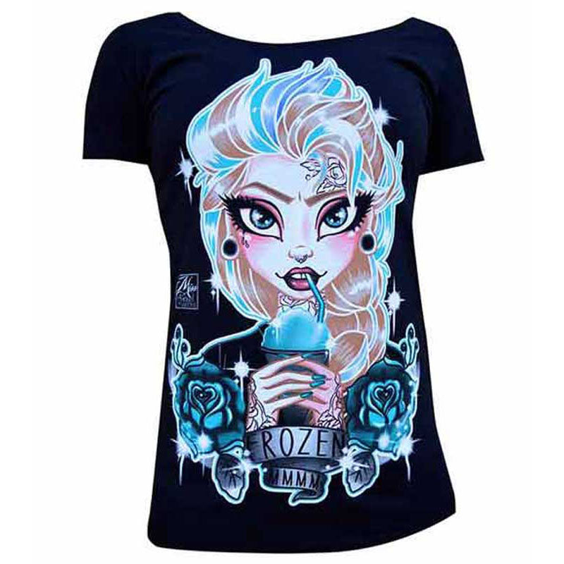 Black t-shirt with a colorful graphic design of a character holding a blue ice sphere, labeled 'Frozen'.