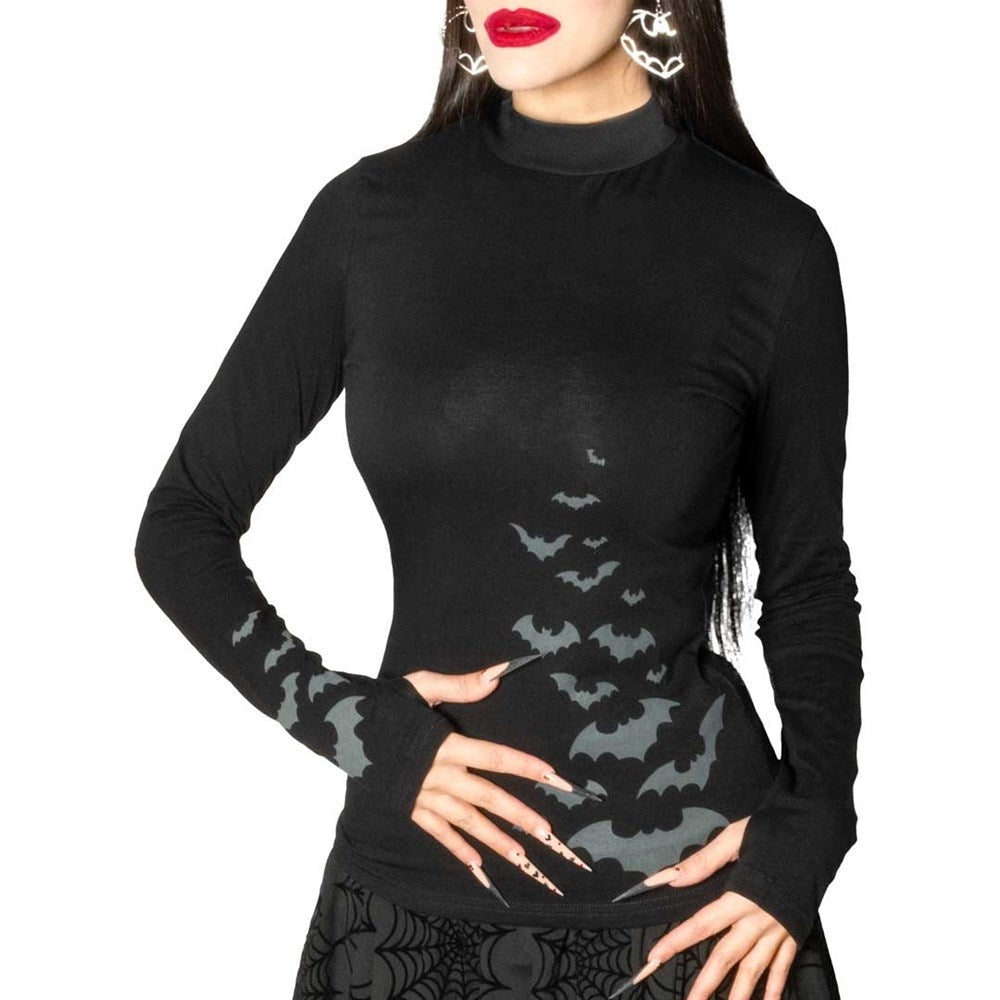 Kreepsville 666 Black LS Top Gray Flocked Bats Thumb Holes