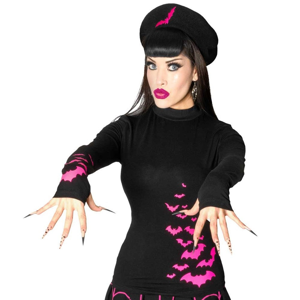 Kreepsville 666 Black LS Top Pink Flocked Bats Thumb Holes