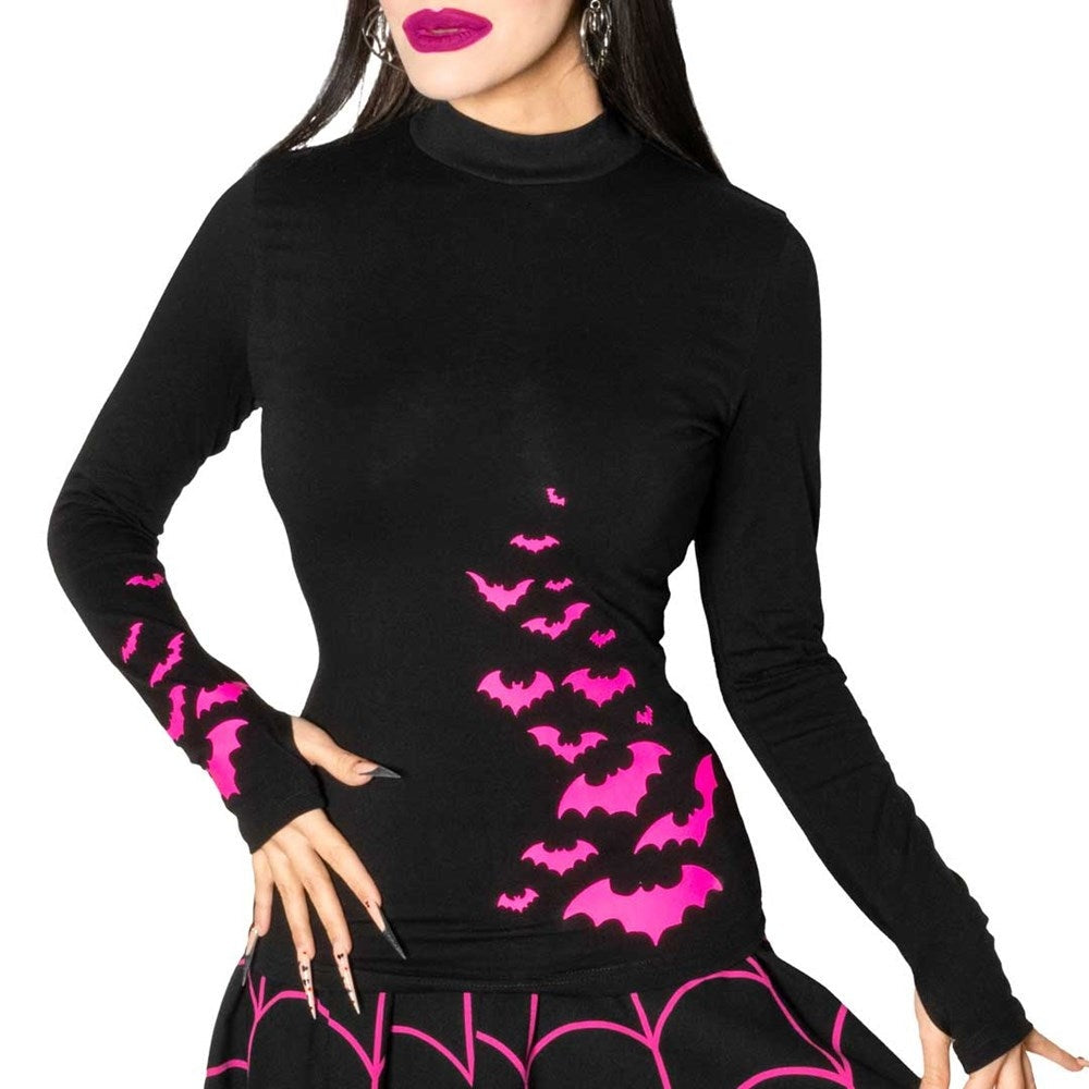 Kreepsville 666 Black LS Top Pink Flocked Bats Thumb Holes